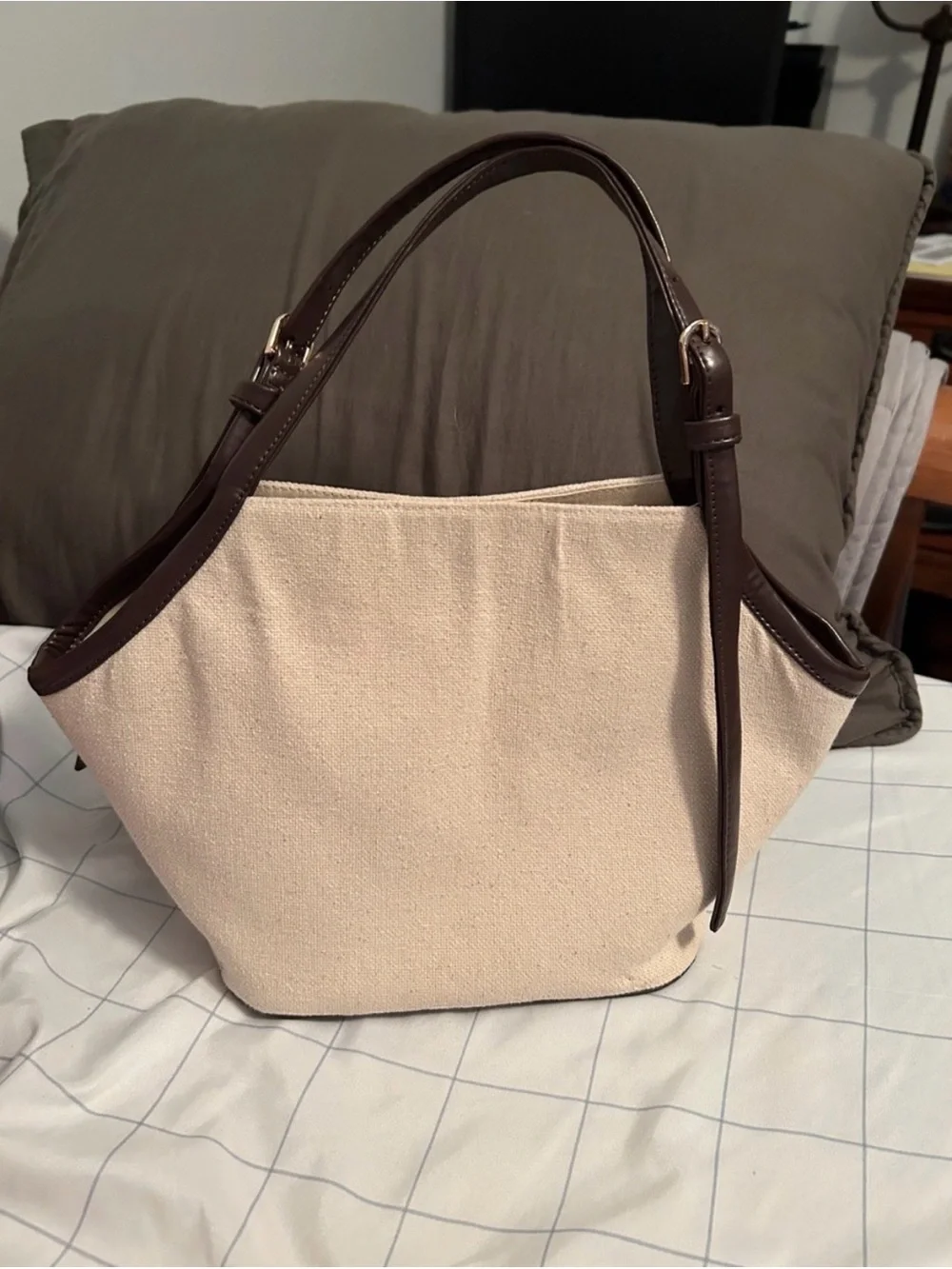 LOFT Cream Canvas Brown Trim Tote
